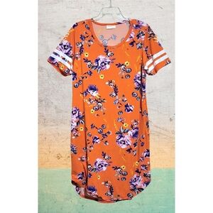 Vibrant Orange soft casual comfortable dress/nightgown, purple floral, L (14)